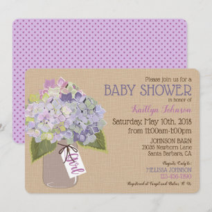 Lavender Hydrangea Mason Burk Rustic Baby Shower Inbjudningar