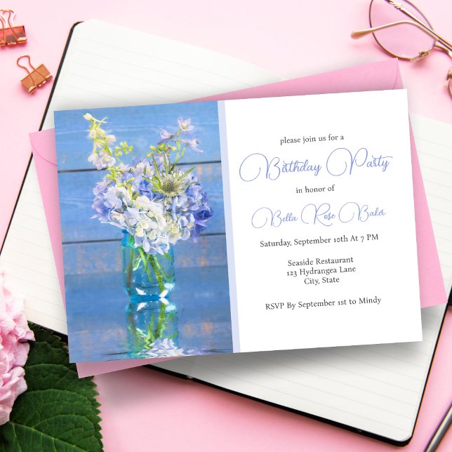 Lavender Hydrangea Reflection Birthday Inbjudningar (Charming birthday invite: Lavender hydrangea reflects cherished memories and new beginnings.)