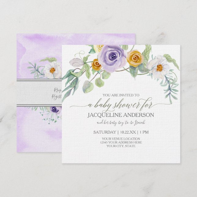 Lavender i Amber guld Ro Blommigt Baby Shower Girl Inbjudningar (Fram/baksida)