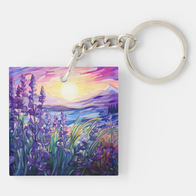 Lavender in field, mountain background keychain (Baksidan)