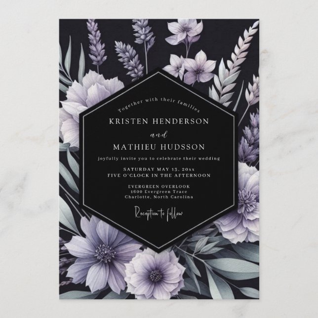 Lavender Inky Floral Wedding Inbjudningar (Framsida)