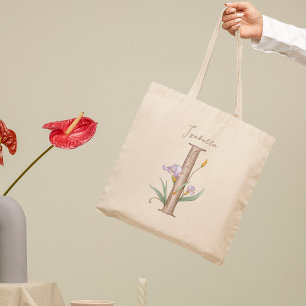 Lavender Iris 'I' Botaniskt monogram eget namn Tygkasse
