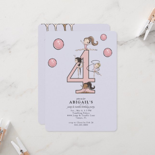 Lavender Jump & Tumble Gymnastics 4th Birthday Inbjudningar (Fram/Back In Situ)