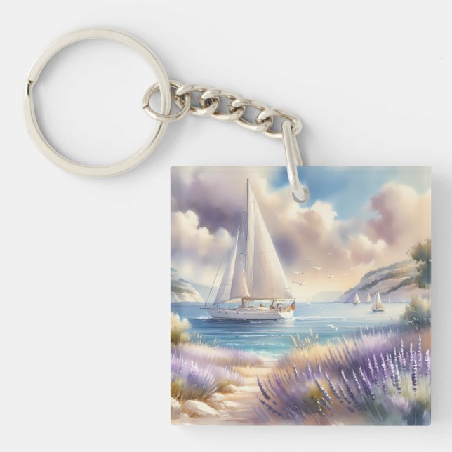 Lavender Kusten Sailboat Watercolor Scene (Framsidan)