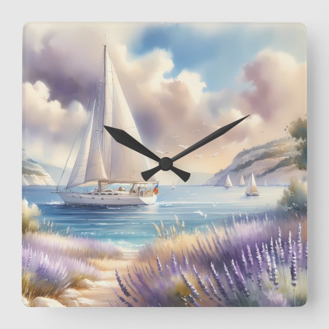 Lavender Kusten Sailboat Watercolor Scene Fyrkantig Klocka (Framsida)
