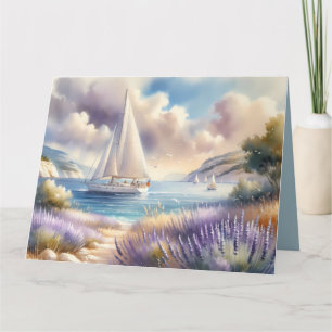 Lavender Kusten Sailboat Watercolor Scene Kort
