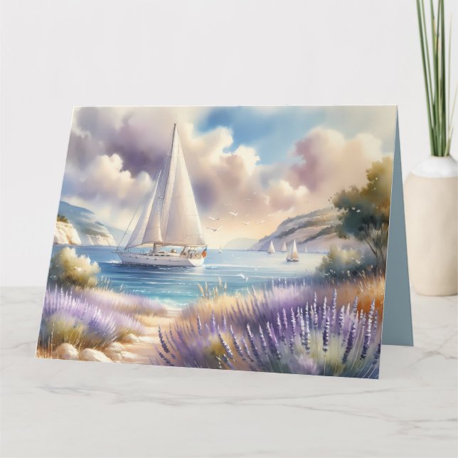 Lavender Kusten Sailboat Watercolor Scene Kort (Framsida)