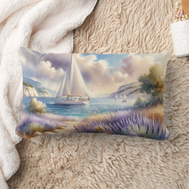 Lavender Kusten Sailboat Watercolor Scene Lumbarkudde (Filt)