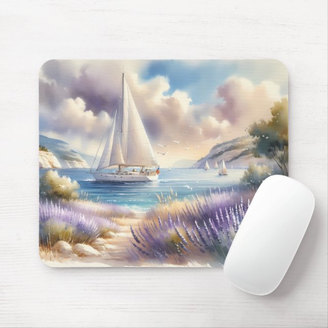 Lavender Kusten Sailboat Watercolor Scene Musmatta (Med mus)