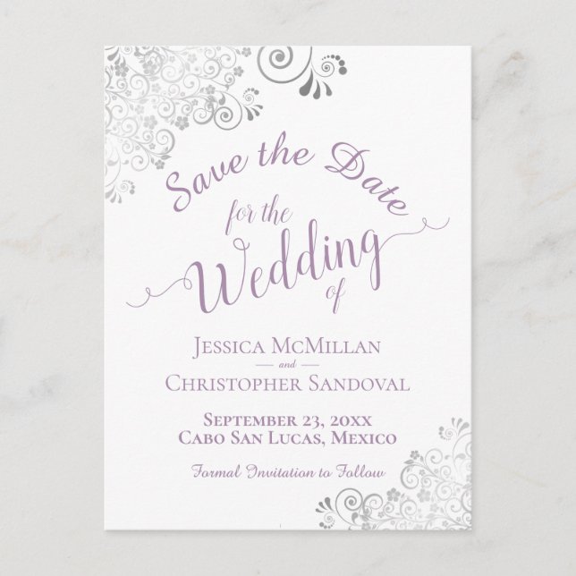 Lavender Lacy Silver Bröllop spara datum White Meddelande Vykort (Framsida)
