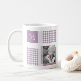 Lavender Lägg till ditt foto Gingham Modern Monogr Kaffemugg