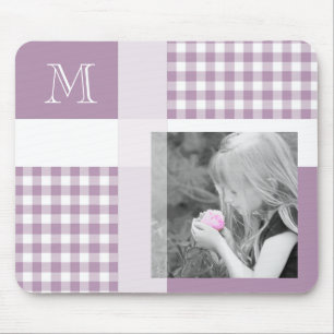 Lavender Lägg till ditt foto Gingham Modern Monogr Musmatta