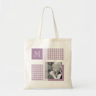 Lavender Lägg till ditt foto Gingham Modern Monogr Tygkasse