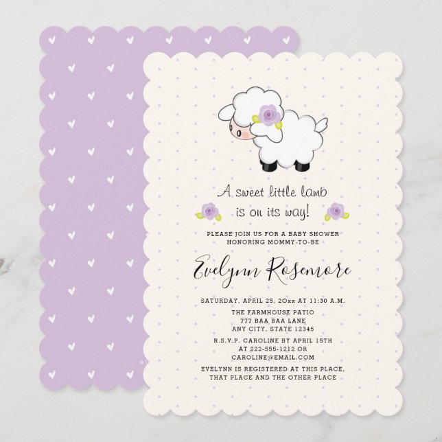 Lavender Lamb Baby Shower-inbjudningar (Fram/baksida)