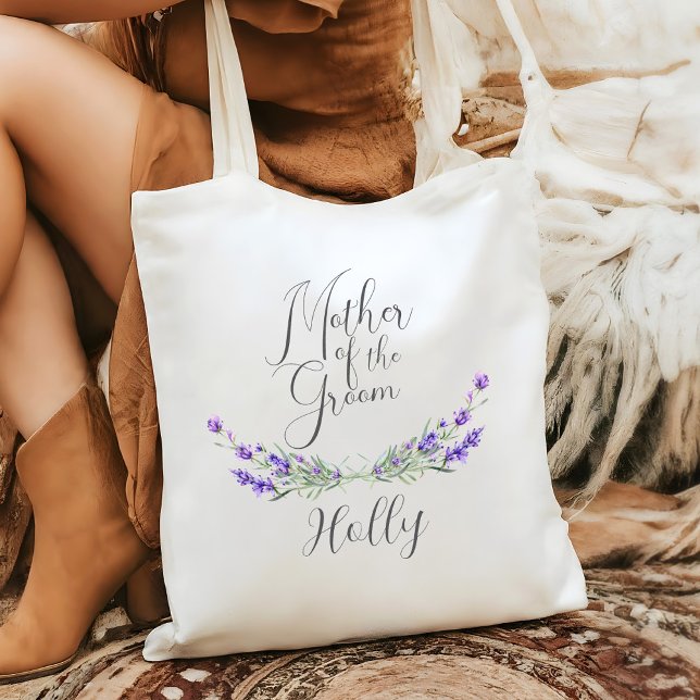 Lavender Laurel Mor i Groom Bröllop Tygkasse (Mother of the Groom Wedding Tote with Lavender Laurels and Script Font)