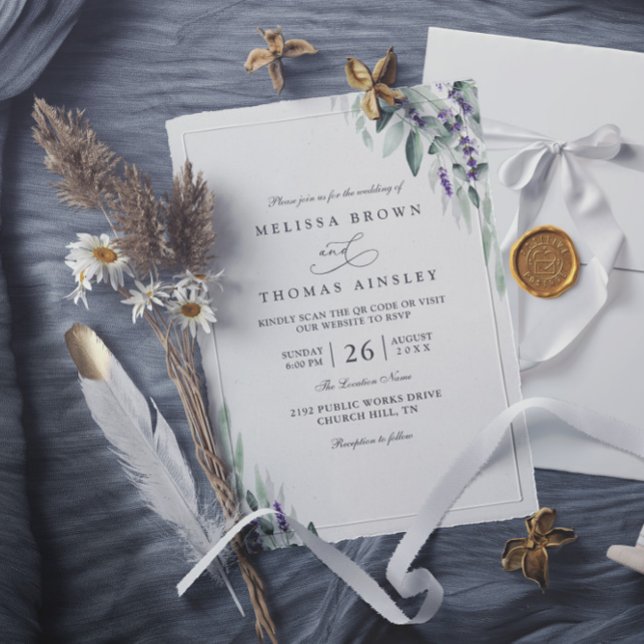 Lavender Leaves Rustic Elegant QR Code Wedding Inbjudningar (Skapare uppladdad)