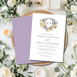 Lavender Lemon Monogram Blommigt Vapensköld Bröllo Inbjudningar