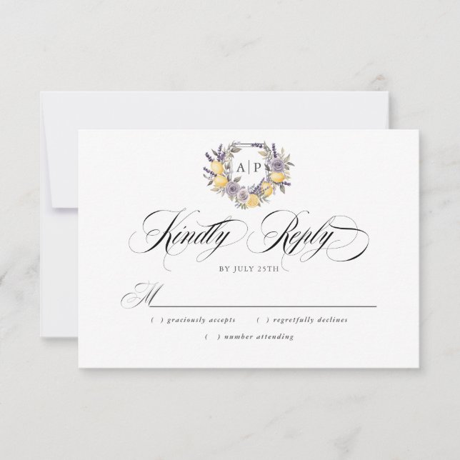 Lavender Lemon Monogram Blommigt Vapensköld Bröllo OSA Kort (Framsida)
