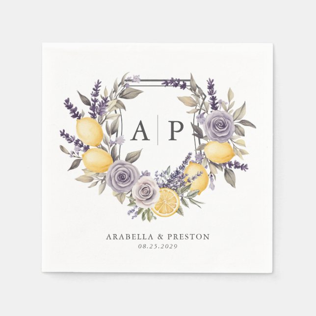 Lavender Lemon Monogram Blommigt Vapensköld Bröllo Pappersservett (Framsidan)