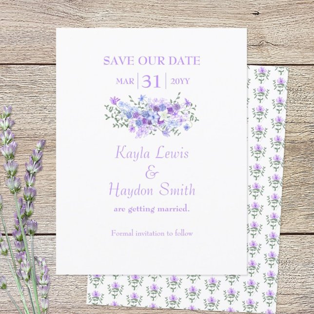 Lavender, Light Blue Bouquet Bröllop spara datum Inbjudningar (lavender and dusty blue SAVE OUR DATE wedding announcement)