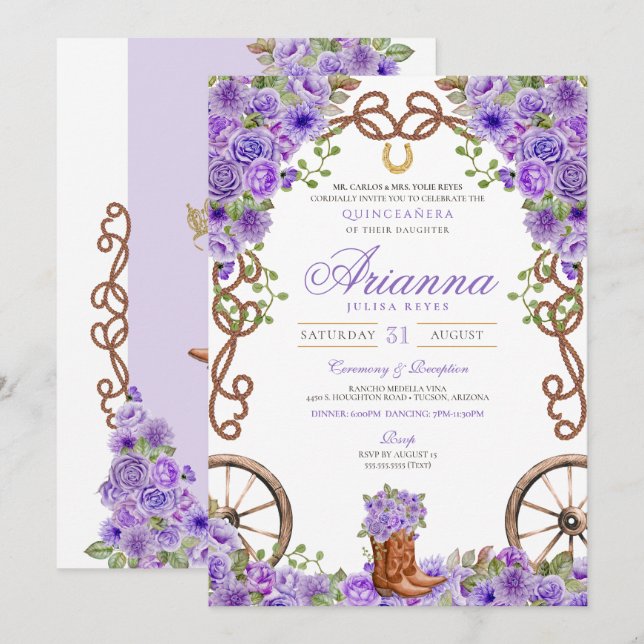 Lavender Light Lila Western Charra Quinceañera Inbjudningar (Fram/baksida)