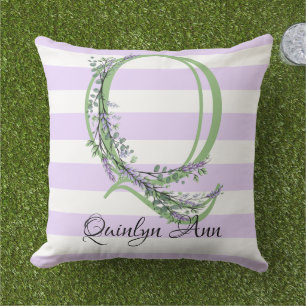Lavender light lila white strimmor monogram kudde
