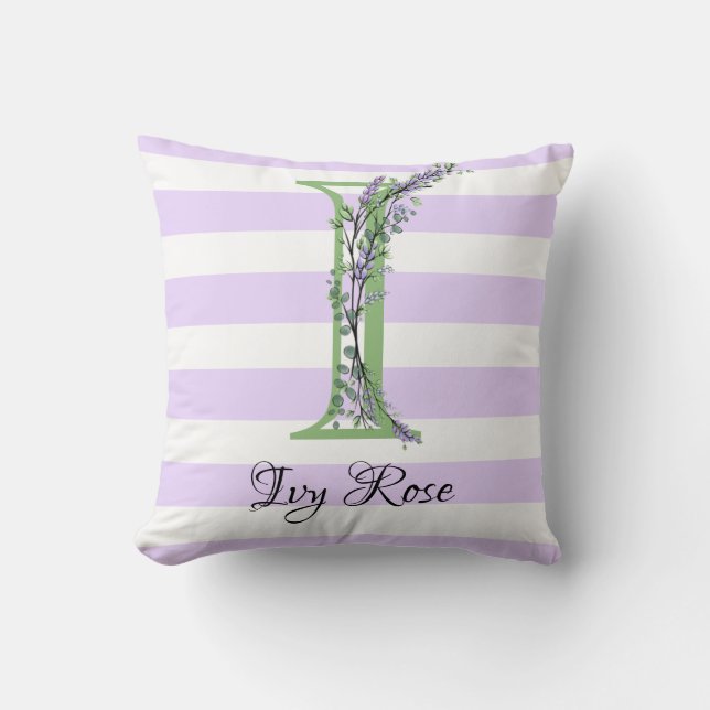 Lavender light lila white strimmor monogram kudde (Framsida)