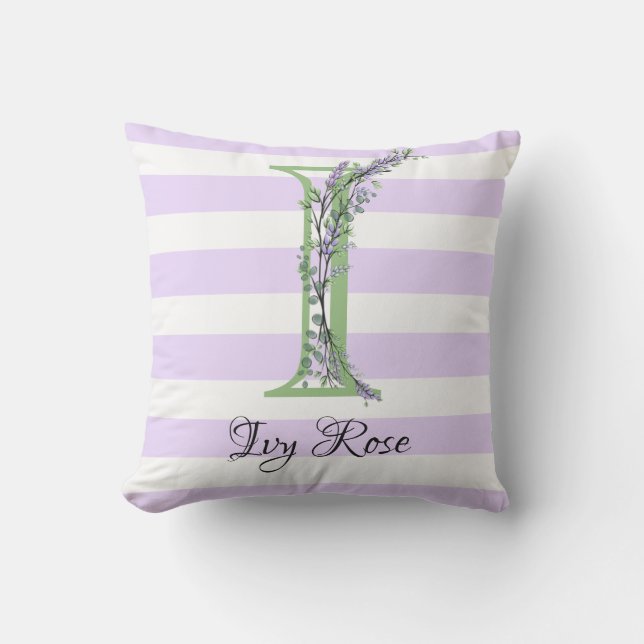 Lavender light lila white strimmor monogram kudde (Framsida)