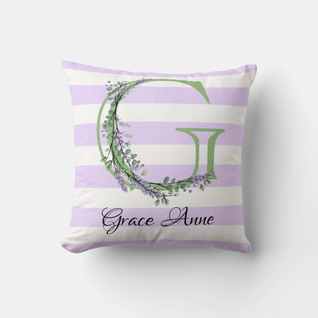 Lavender light lila white strimmor monogram kudde (Framsida)