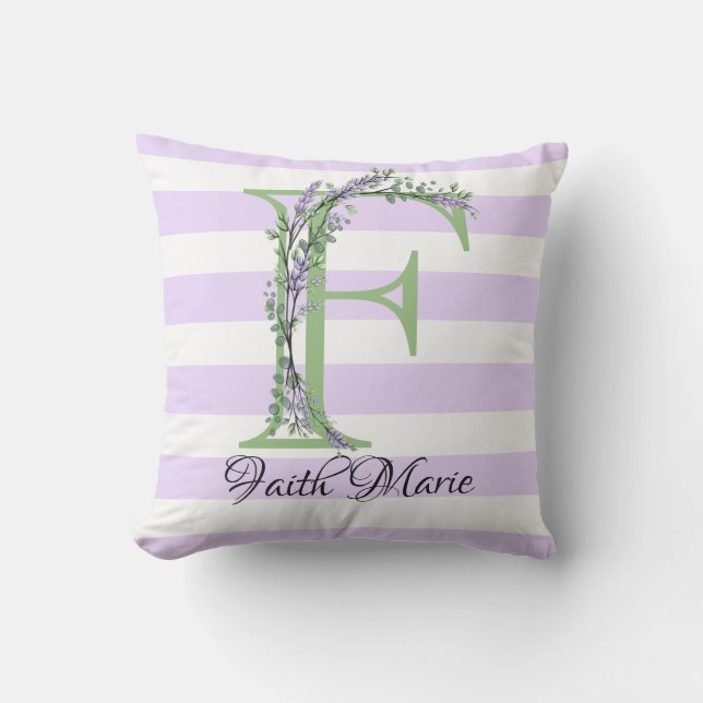 Lavender light lila white strimmor monogram kudde (Framsida)