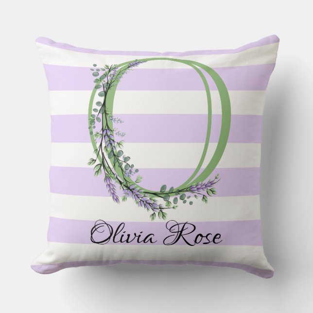 Lavender light lila white strimmor monogram kudde (Framsida)