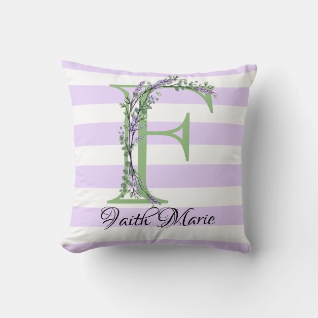 Lavender light lila white strimmor monogram kudde (Framsida)