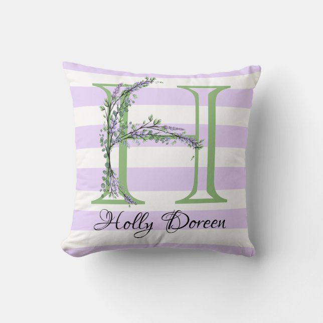 Lavender light lila white strimmor monogram kudde (Framsida)