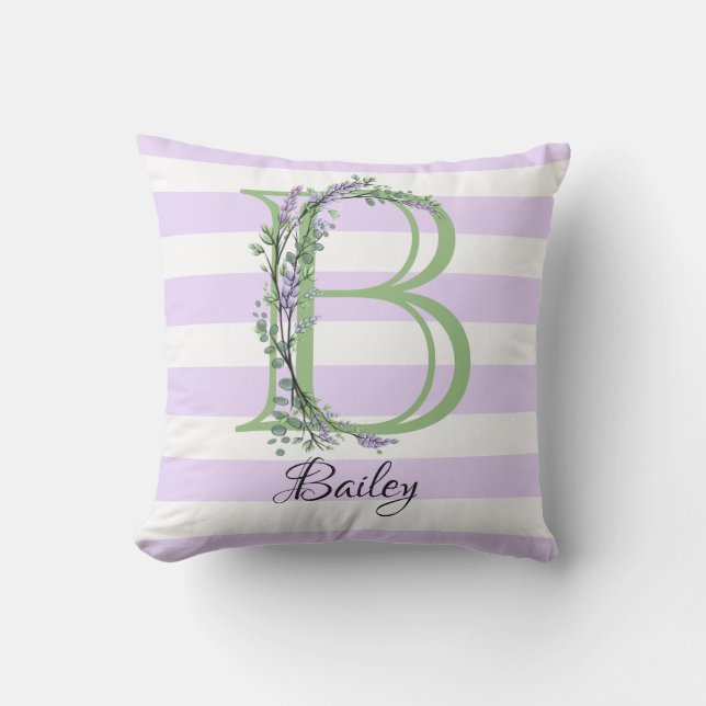 Lavender light lila white strimmor monogram kudde (Framsida)