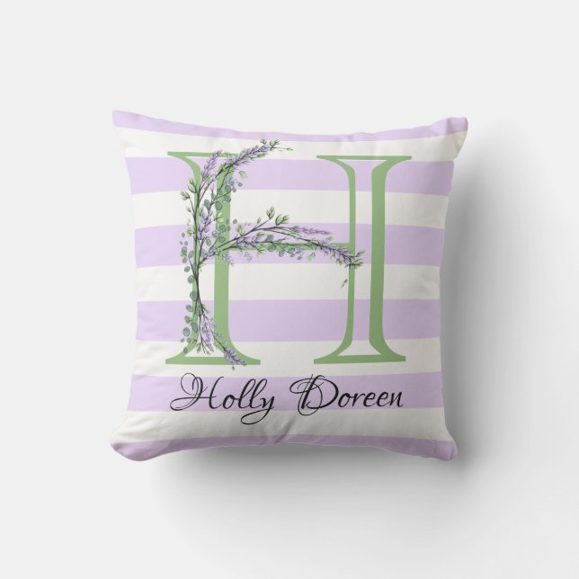 Lavender light lila white strimmor monogram kudde (Framsida)