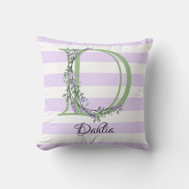 Lavender light lila white strimmor monogram kudde (Framsida)