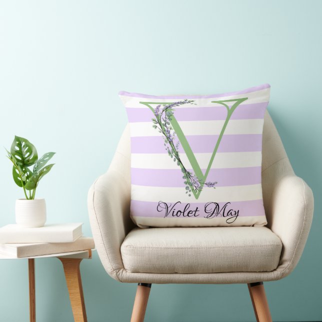 Lavender light lila white strimmor monogram kudde (Stol)