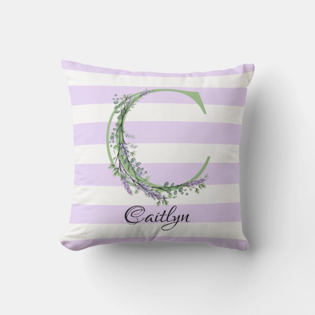 Lavender light lila white strimmor monogram kudde (Framsida)