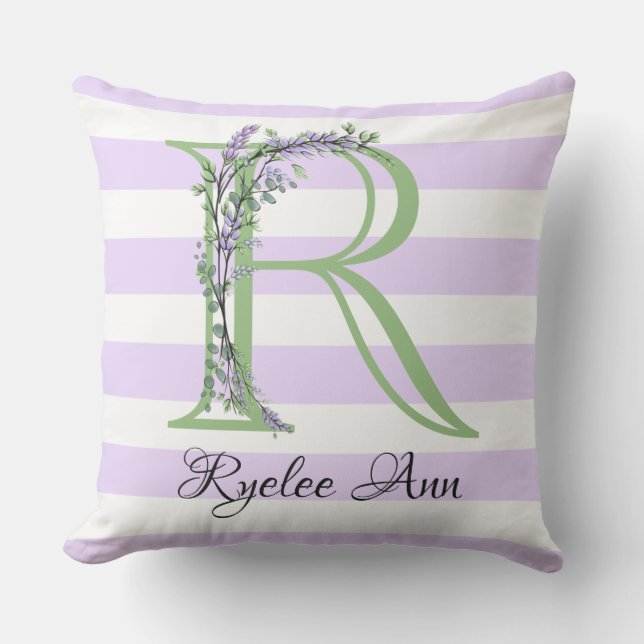 Lavender light lila white strimmor monogram kudde (Framsida)