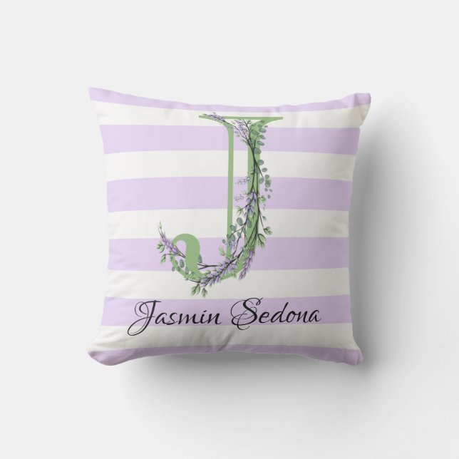 Lavender light lila white strimmor monogram kudde (Framsida)