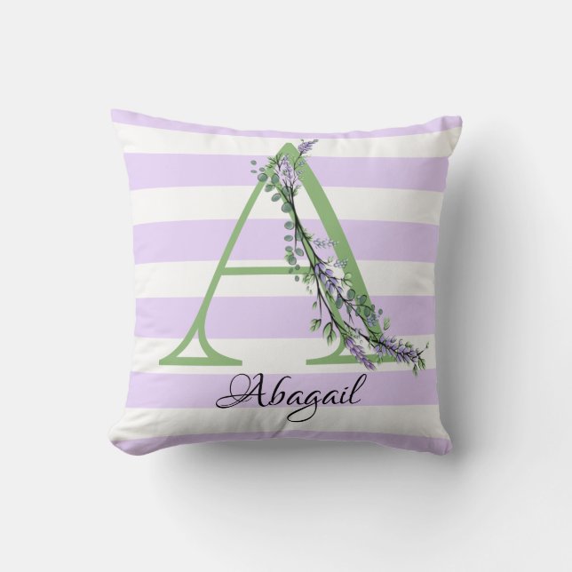 Lavender light lila white strimmor monogram kudde (Framsida)