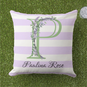 Lavender light lila white strimmor monogram kudde