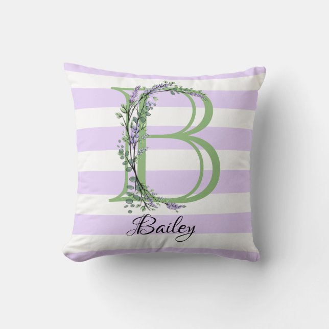 Lavender light lila white strimmor monogram kudde (Framsida)