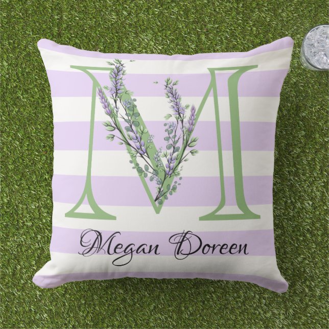 Lavender light lila white strimmor monogram kudde (Gräs)