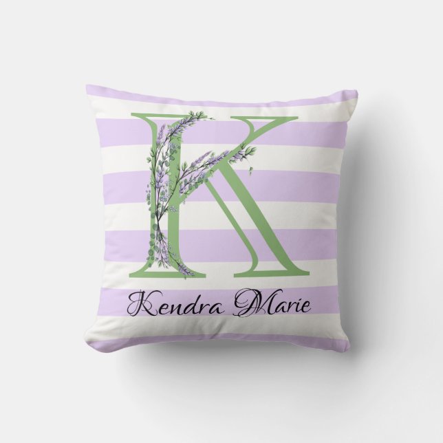 Lavender light lila white strimmor monogram kudde (Framsida)