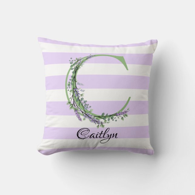 Lavender light lila white strimmor monogram kudde (Framsida)