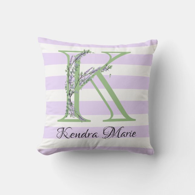 Lavender light lila white strimmor monogram kudde (Framsida)
