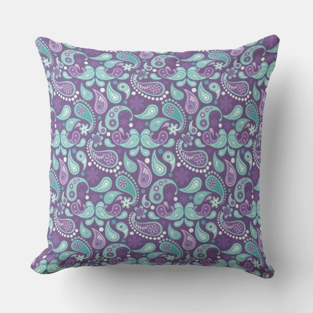 Lavender, Lila, Aqua Mix, Match Blommigt Paisley Kudde (Framsida)
