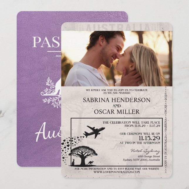 Lavender Lila Australia Passport Bröllop Inbjudningar (Fram/baksida)