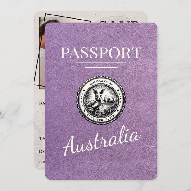Lavender Lila Australia Passport Save Date Spara Datumet (Fram/baksida)